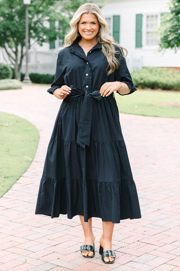 Chic Soul plus size clothing, black ruffle tiered midi dress with a tie at waist