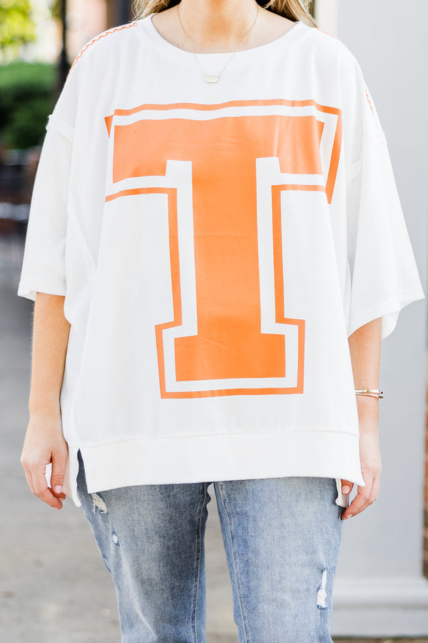 Chic Soul plus size clothing, short-sleeve off-white tee with scoop-neckline and orange graphic capital 
