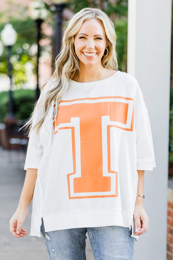 Chic Soul plus size clothing, short-sleeve off-white tee with scoop-neckline and orange graphic capital 