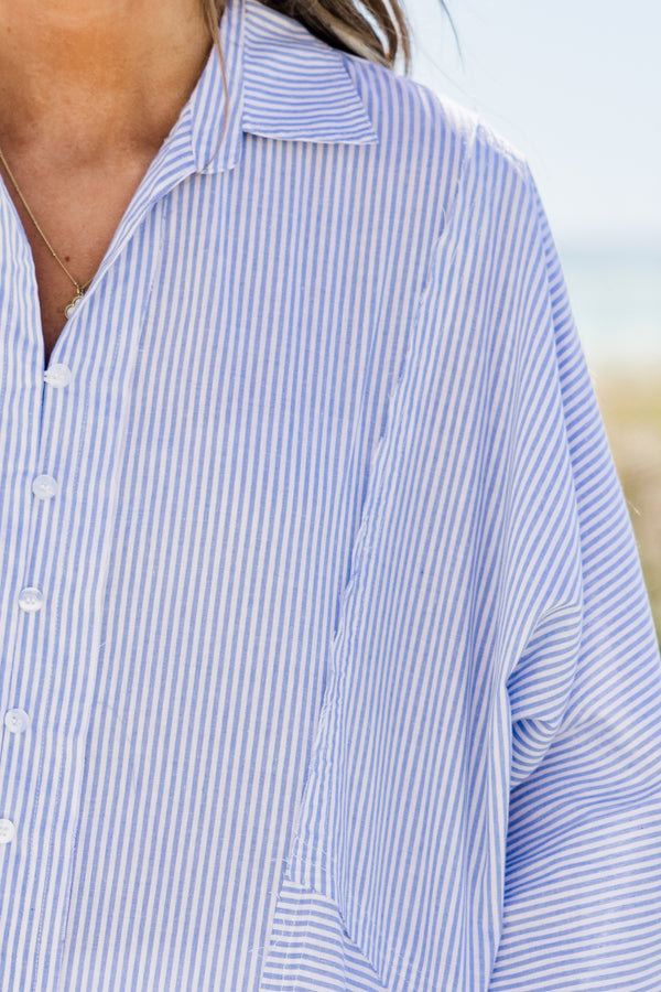 Chic Soul plus size clothing, long-sleeve seersucker collared button-down blue and white top with a high-low-hemline 