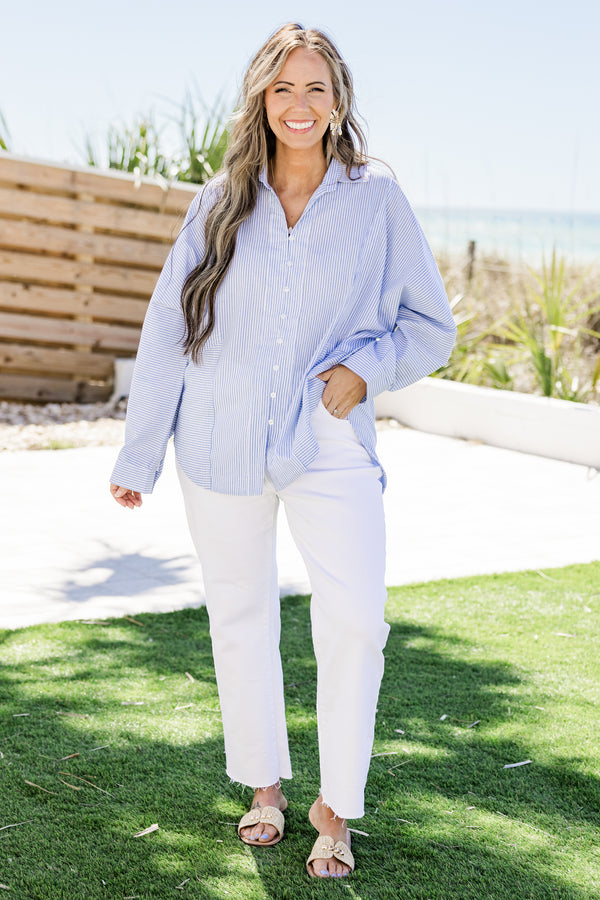 Chic Soul plus size clothing, long-sleeve seersucker collared button-down blue and white top with a high-low-hemline 