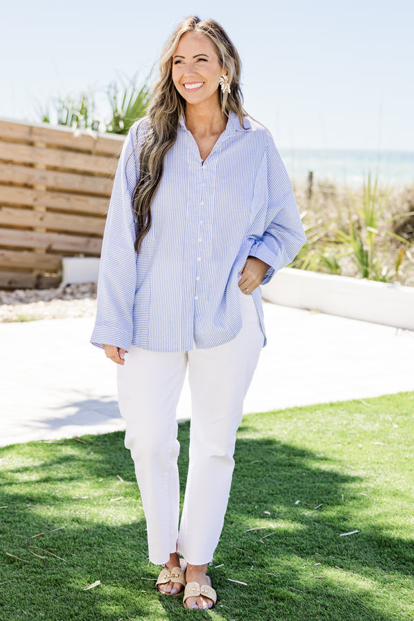 Chic Soul plus size clothing, long-sleeve seersucker collared button-down blue and white top with a high-low-hemline 