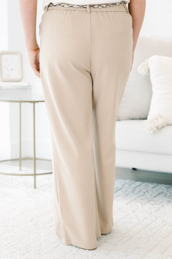 Plus Size khaki wide-leg pants featuring a high waist and a decorative beaded tie belt.