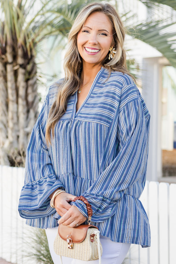 Chic Soul plus size clothing, long-balloon-sleeve blue pin stripe top with a v-neckline and ruffled detailing 