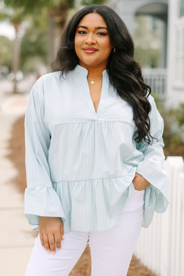 Chic Soul plus size clothing, light green long sleeve babydoll top with light stripes and bell sleeves