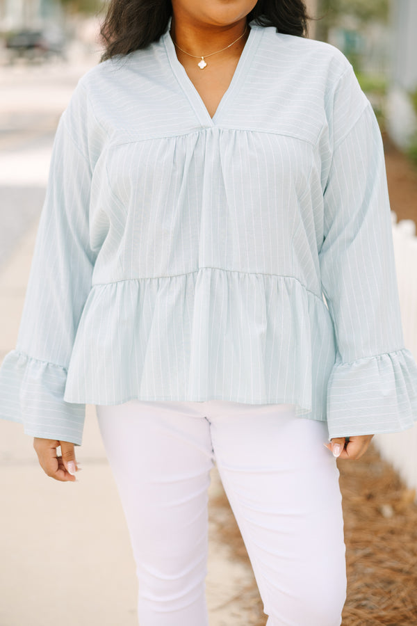 Chic Soul plus size clothing, light green long sleeve babydoll top with light stripes and bell sleeves