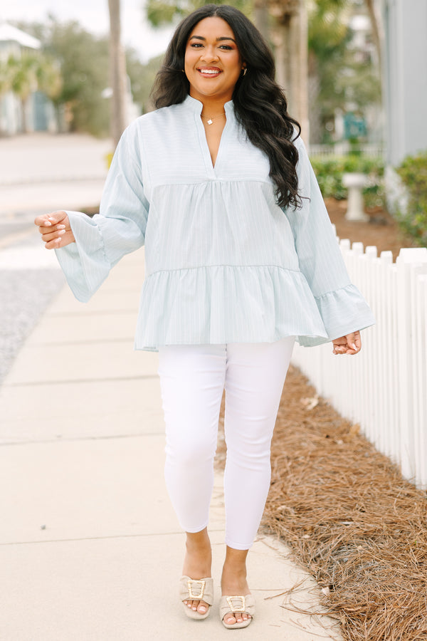 Chic Soul plus size clothing, light green long sleeve babydoll top with light stripes and bell sleeves