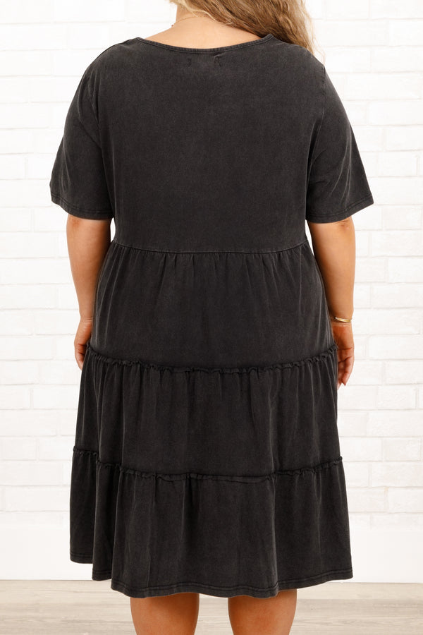 Chic Soul plus size clothing, flowy black short sleeve tiered dress with ruffle detailing