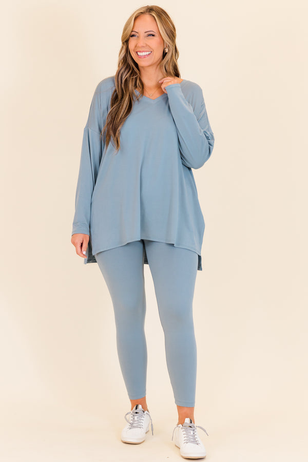 Chic Soul plus size clothing, long-sleeve blue grey matching top and leggings set with v-neckline