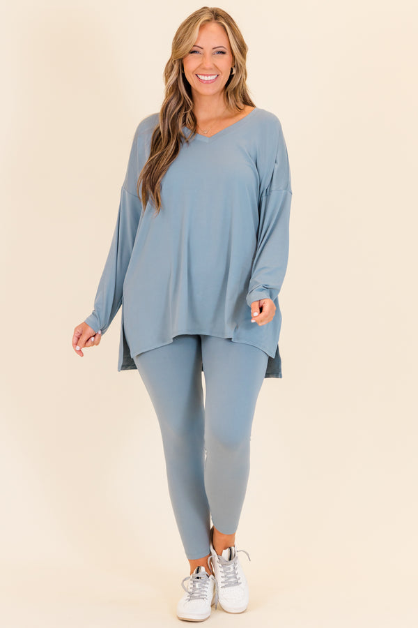 Chic Soul plus size clothing, long-sleeve blue grey matching top and leggings set with v-neckline