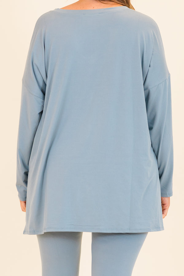 Chic Soul plus size clothing, long-sleeve blue grey matching top and leggings set with v-neckline