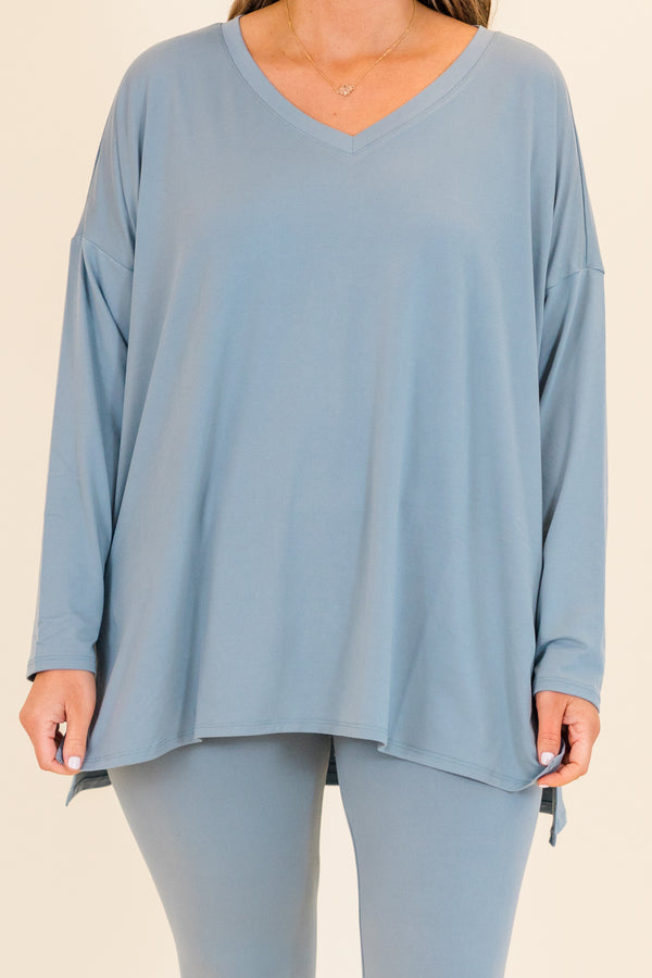 Chic Soul plus size clothing, long-sleeve blue grey matching top and leggings set with v-neckline
