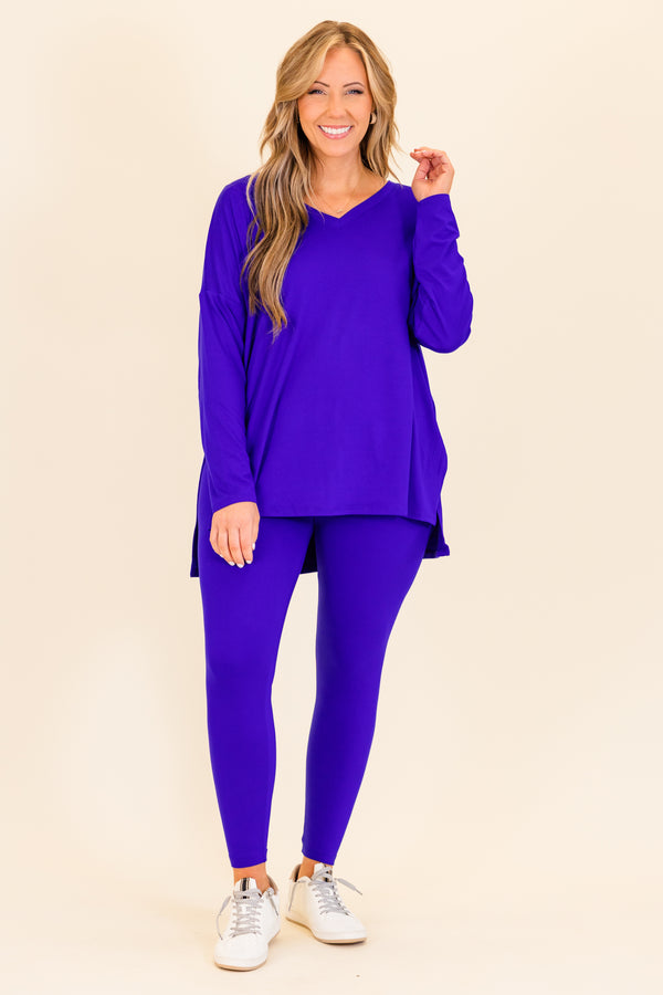 Chic Soul plus size clothing, long-sleeve bright blue matching top and leggings set with v-neckline