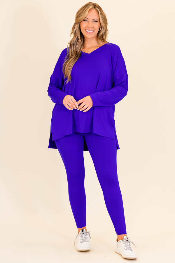 Chic Soul plus size clothing, long-sleeve bright blue matching top and leggings set with v-neckline