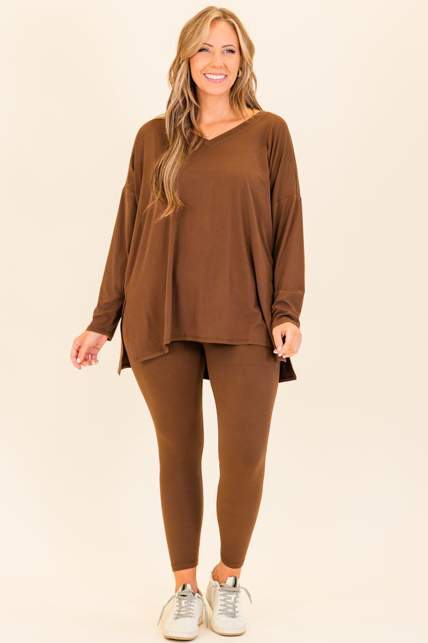 Chic Soul plus size clothing, long-sleeve brown matching top and leggings set with v-neckline