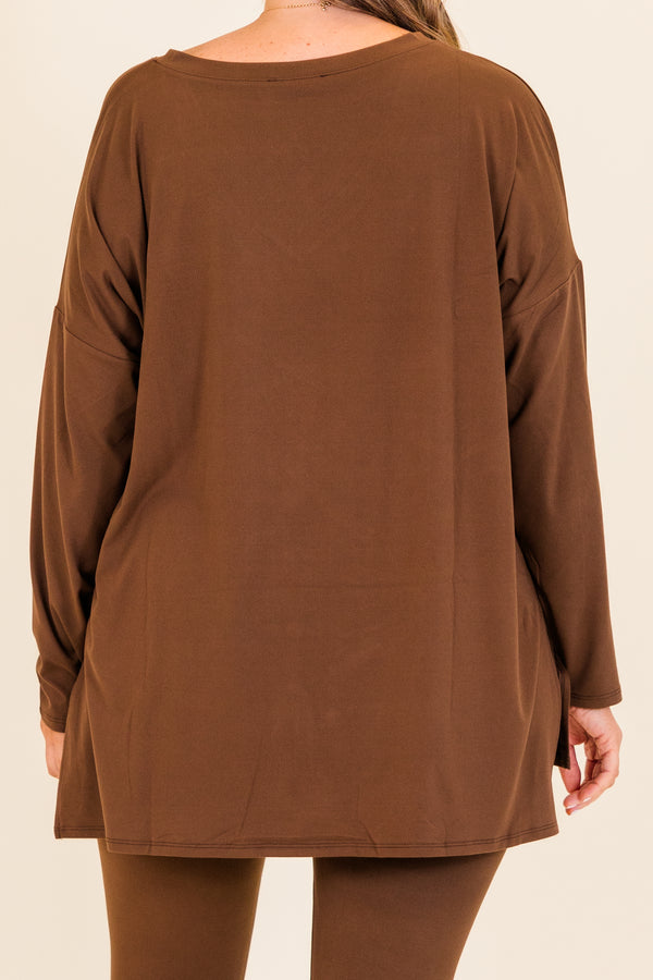Chic Soul plus size clothing, long-sleeve brown matching top and leggings set with v-neckline