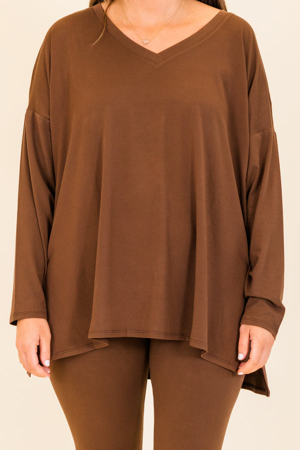 Chic Soul plus size clothing, long-sleeve brown matching top and leggings set with v-neckline