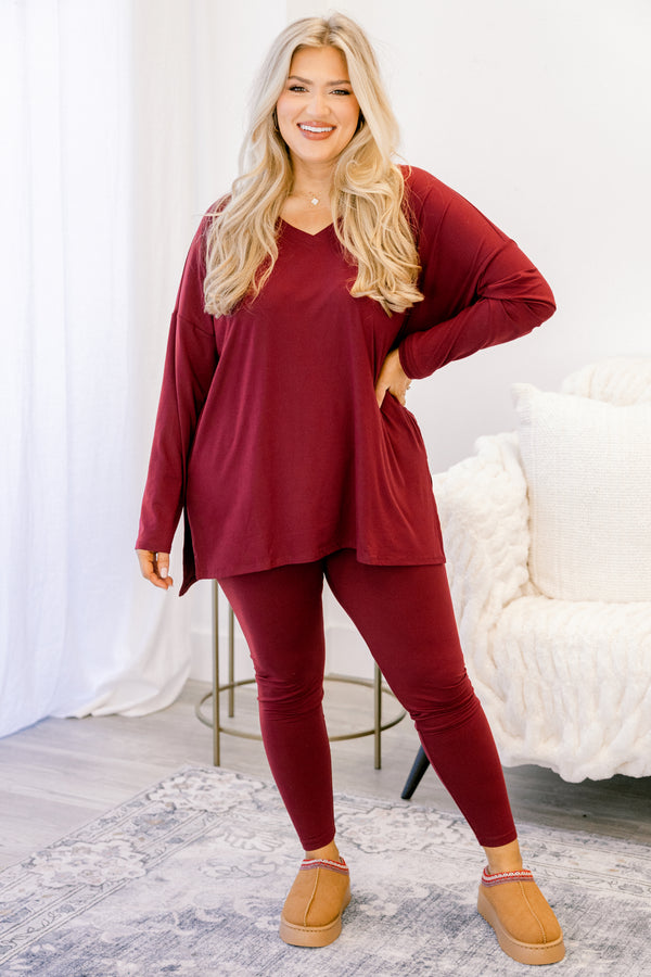 Chic Soul plus size clothing dark red long sleeve tunic and leggings matching set 