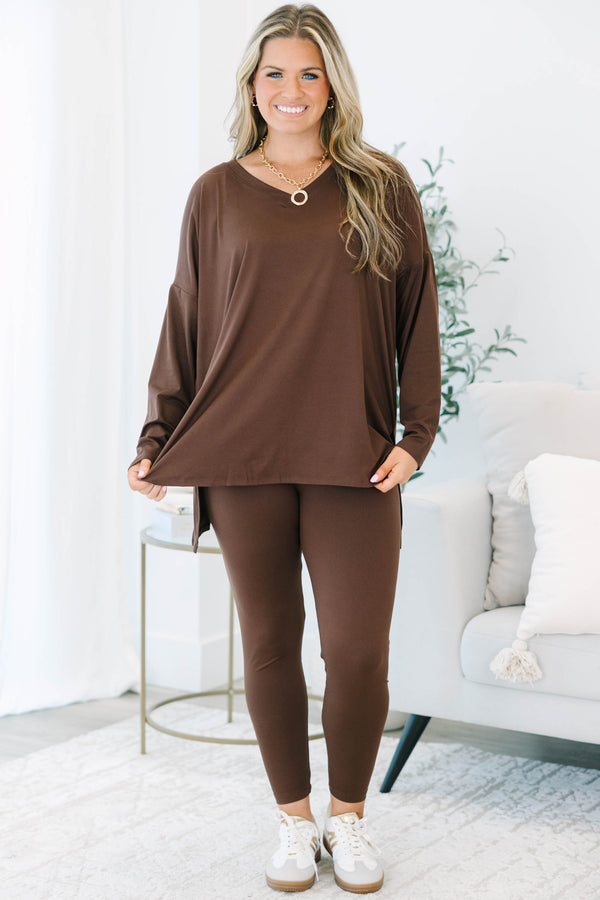 Plus Size chocolate brown lounge set with an oversized long sleeve v-neck top and matching leggings.