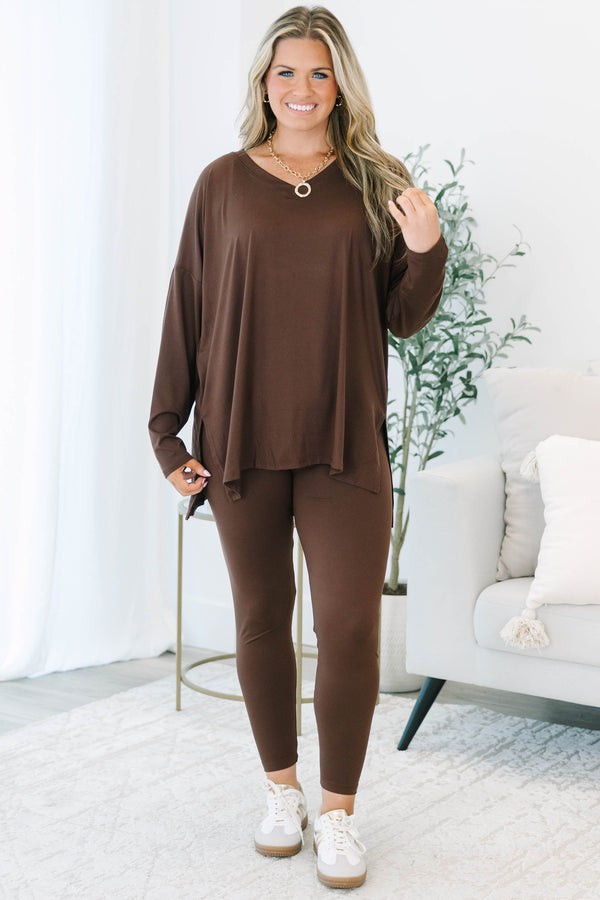 Plus Size chocolate brown lounge set with an oversized long sleeve v-neck top and matching leggings.