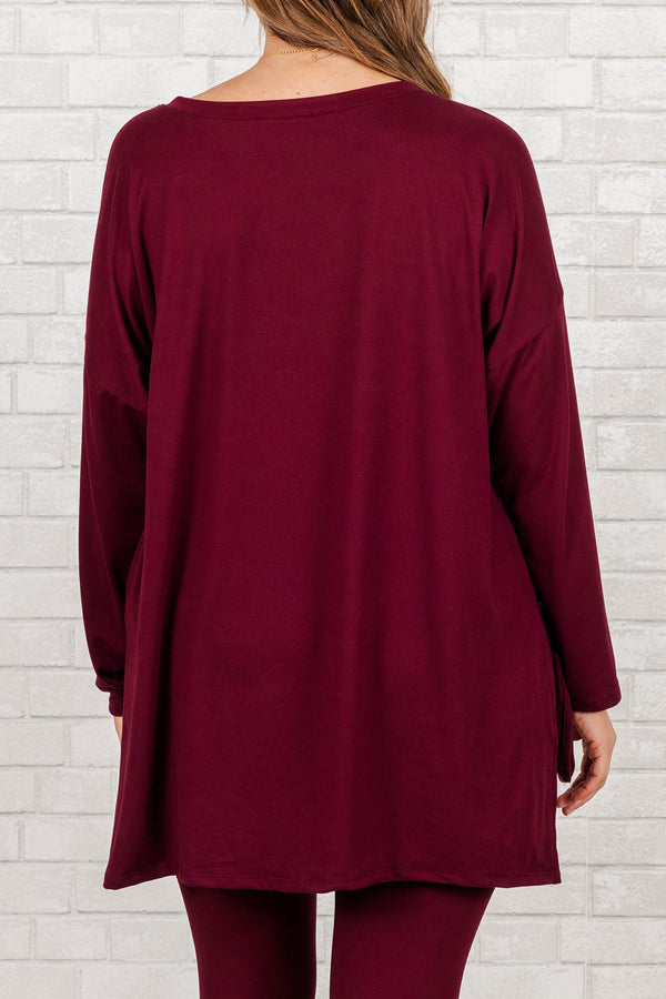Chic Soul plus size clothing, dark burgundy long sleeves top with leggings set