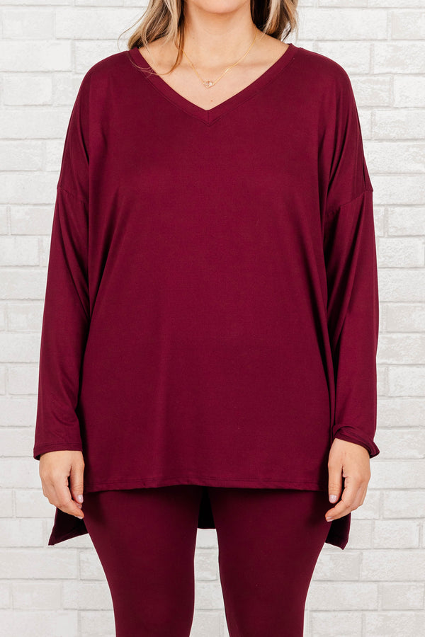 Chic Soul plus size clothing, dark burgundy long sleeves top with leggings set