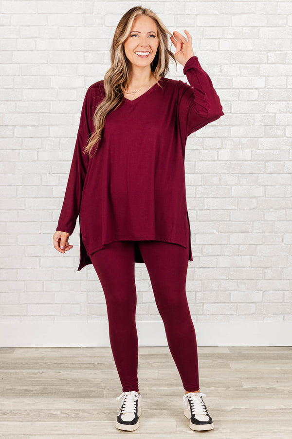 Chic Soul plus size clothing, dark burgundy long sleeves top with leggings set