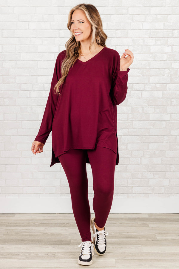 Chic Soul plus size clothing, dark burgundy long sleeves top with leggings set