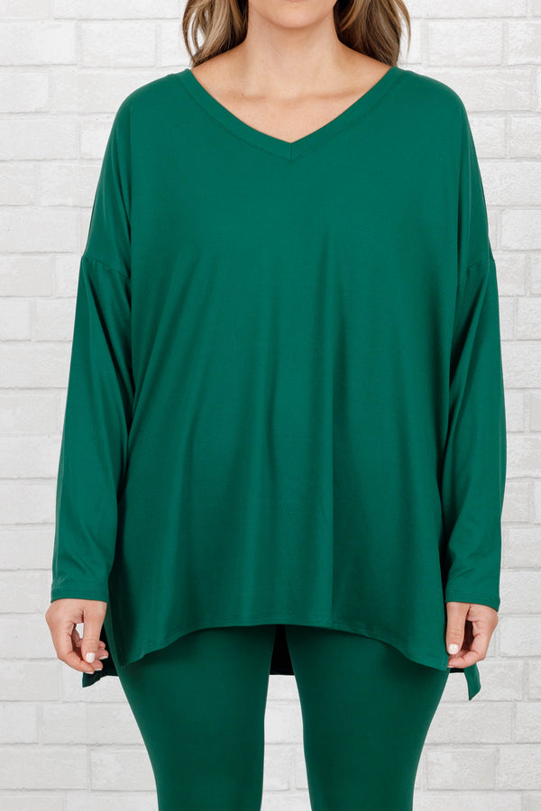Chic Soul plus size clothing, dark green stretchy top and leggings lounge set