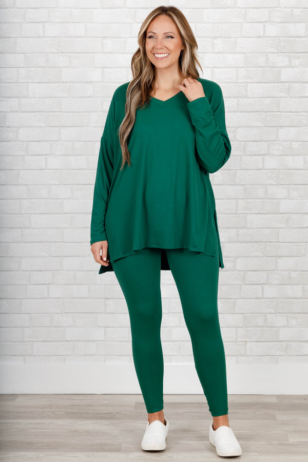 Chic Soul plus size clothing, dark green stretchy top and leggings lounge set