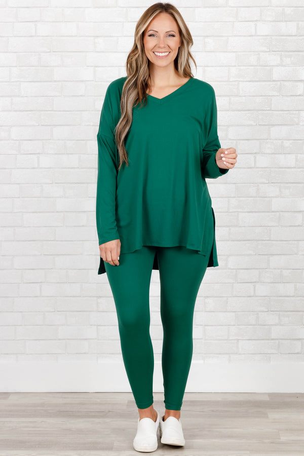 Chic Soul plus size clothing, dark green stretchy top and leggings lounge set