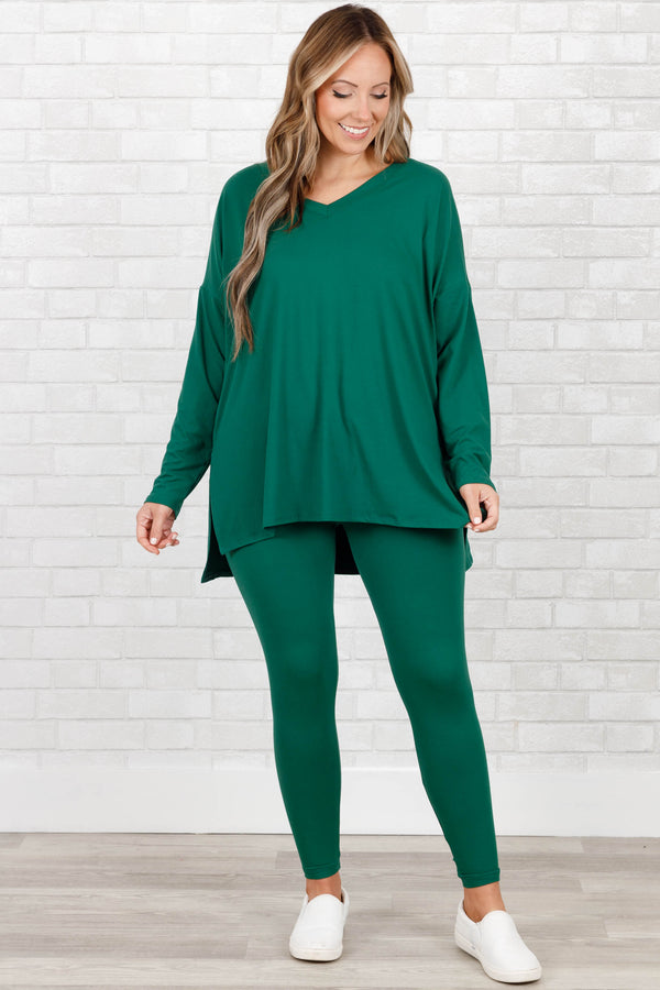 Chic Soul plus size clothing, dark green stretchy top and leggings lounge set