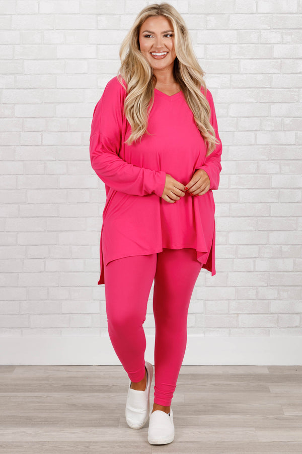 Chic Soul plus size clothing, hot pink stretchy top and leggings lounge set