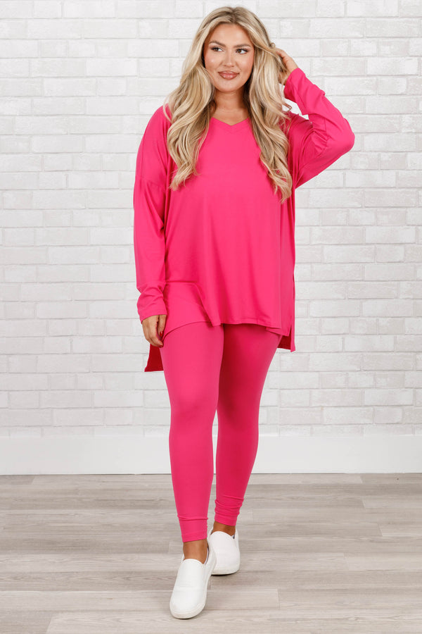 Chic Soul plus size clothing, hot pink stretchy top and leggings lounge set