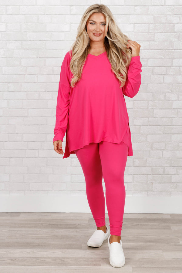 Chic Soul plus size clothing, hot pink stretchy top and leggings lounge set