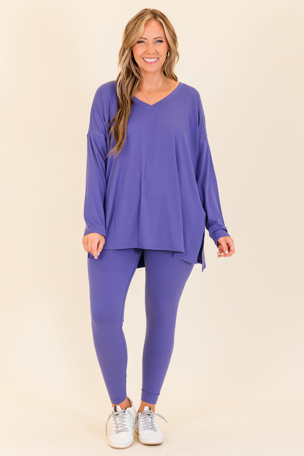 Chic Soul plus size clothing, long-sleeve marlin purple matching top and leggings set with v-neckline