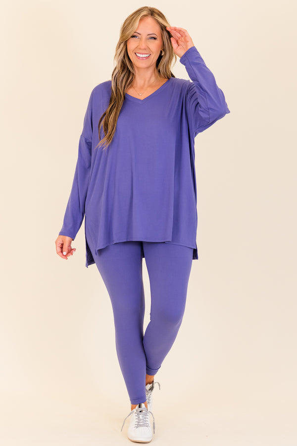 Chic Soul plus size clothing, long-sleeve marlin purple matching top and leggings set with v-neckline
