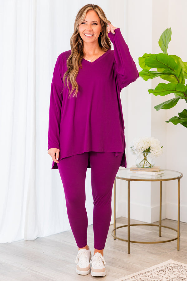Plus Size light plum lounge set featuring a long-sleeve V-neck tunic top and matching leggings.