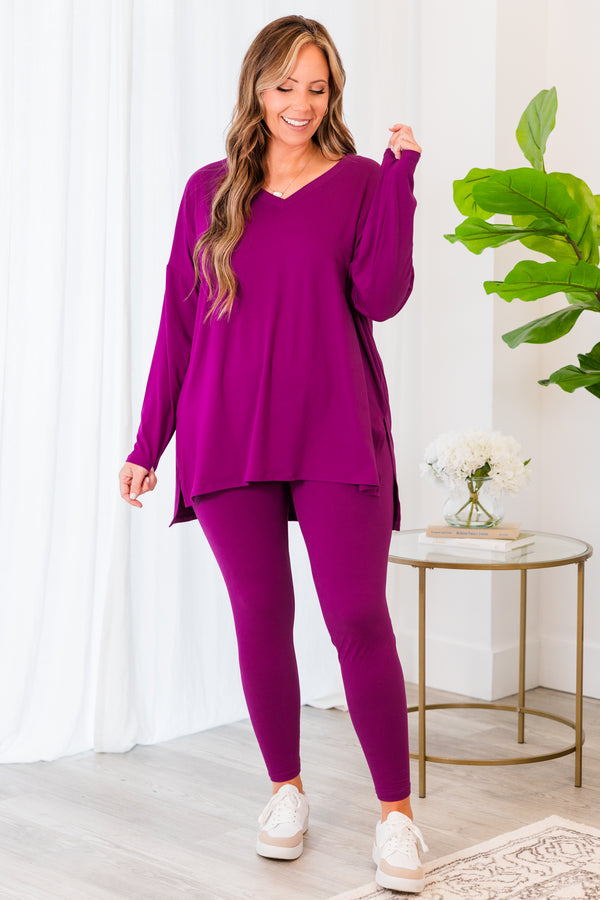 Plus Size light plum lounge set featuring a long-sleeve V-neck tunic top and matching leggings.