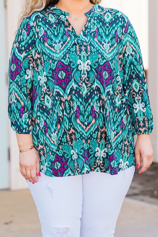 Chic Soul plus size clothing, teal aztec three quarter length sleeve top with v neckline