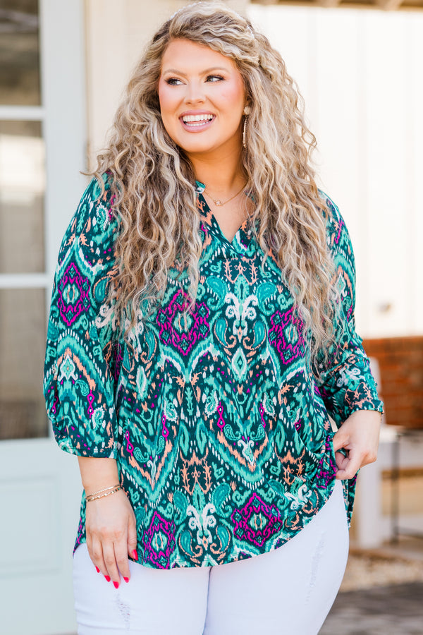 Chic Soul plus size clothing, teal aztec three quarter length sleeve top with v neckline