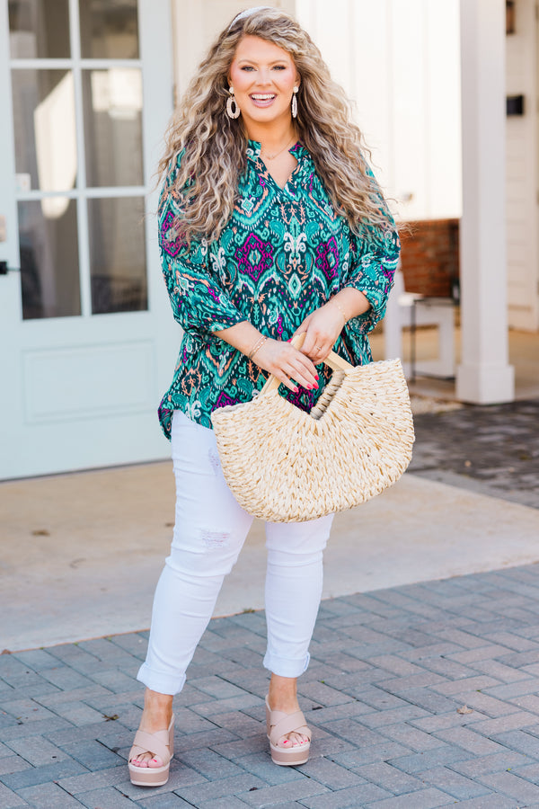 Chic Soul plus size clothing, teal aztec three quarter length sleeve top with v neckline