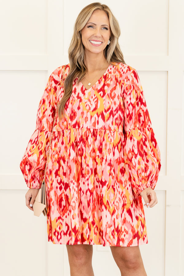Chic Soul plus size clothing, magenta abstract print long sleeve mini dress with tiered detail with cuff bubble sleeves and v neckline