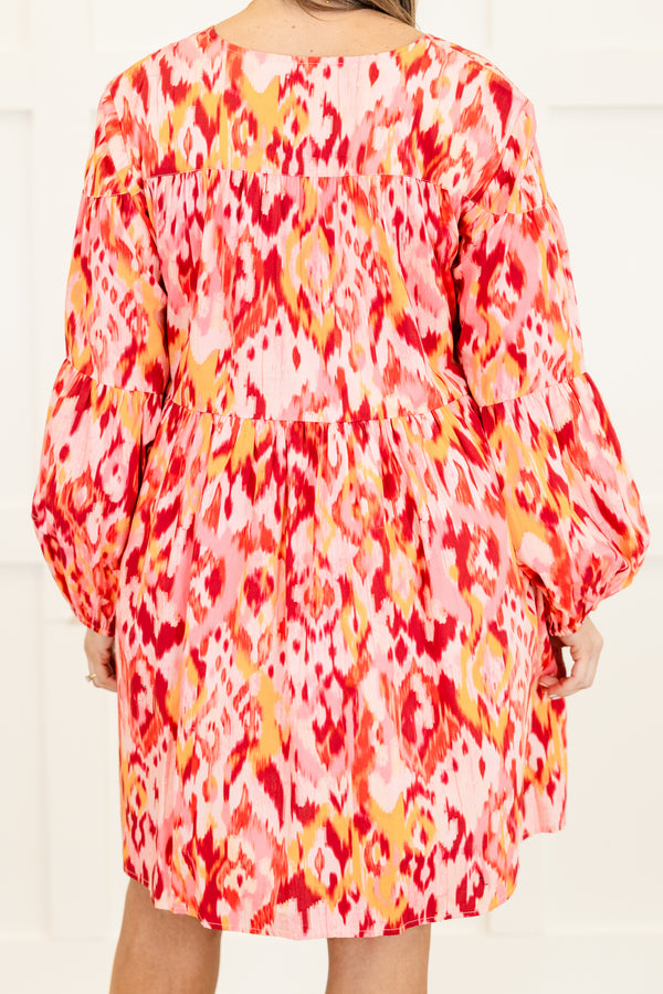 Chic Soul plus size clothing, magenta abstract print long sleeve mini dress with tiered detail with cuff bubble sleeves and v neckline
