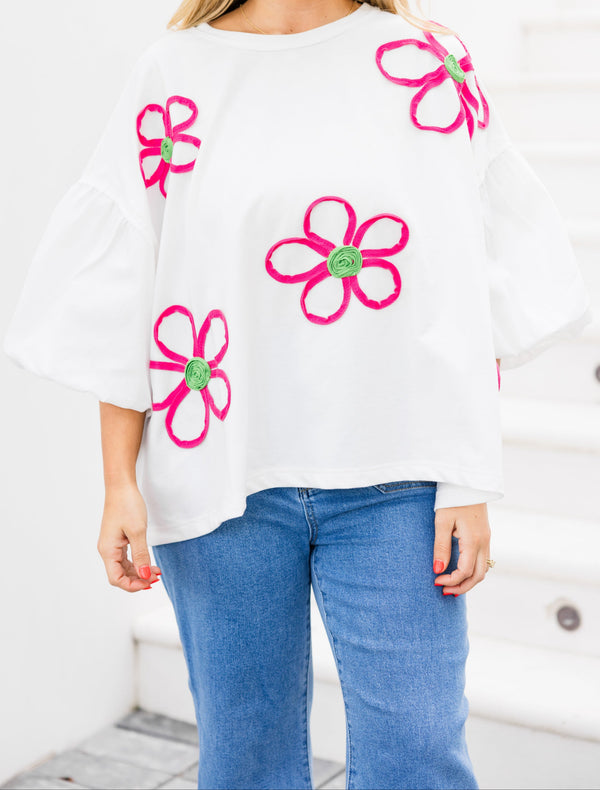 Chic Soul plus size clothing, off white elbow length sleeve top with round neckline with puff sleeves with large embroidered fabric floral detail in pink and green