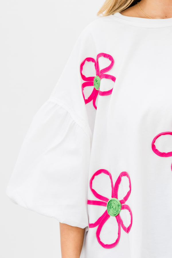 Chic Soul plus size clothing, off white elbow length sleeve top with round neckline with puff sleeves with large embroidered fabric floral detail in pink and green