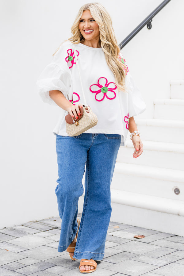 Chic Soul plus size clothing, off white elbow length sleeve top with round neckline with puff sleeves with large embroidered fabric floral detail in pink and green