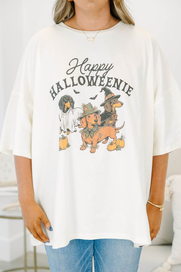 Plus Size ivory boyfriend tee with a Happy Halloweenie graphic featuring three costumed dachshunds.