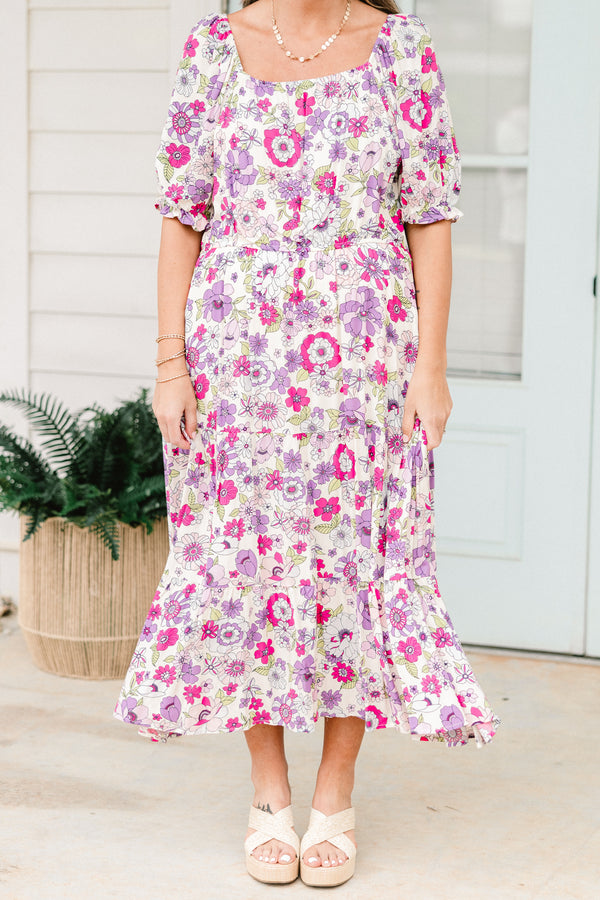 Chic Soul plus size clothing, lavender short sleeve midi dress with pink/lavender floral print with square neckline and puff sleeves
