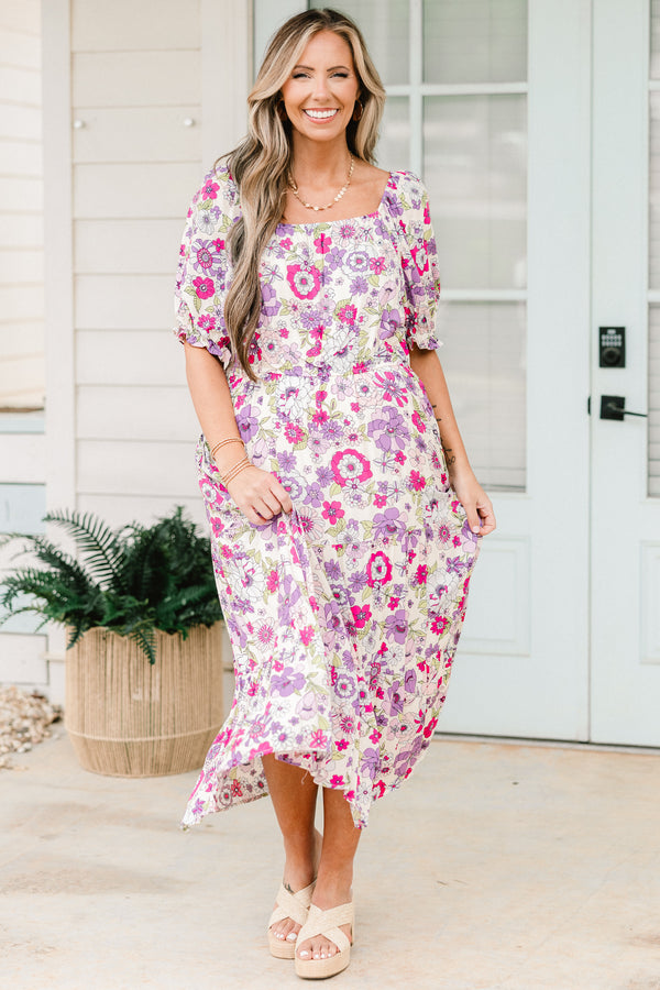 Chic Soul plus size clothing, lavender short sleeve midi dress with pink/lavender floral print with square neckline and puff sleeves